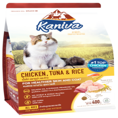 Kaniva Cat food, chicken, tuna and rice formula. For cats of all ages or breeds 400g